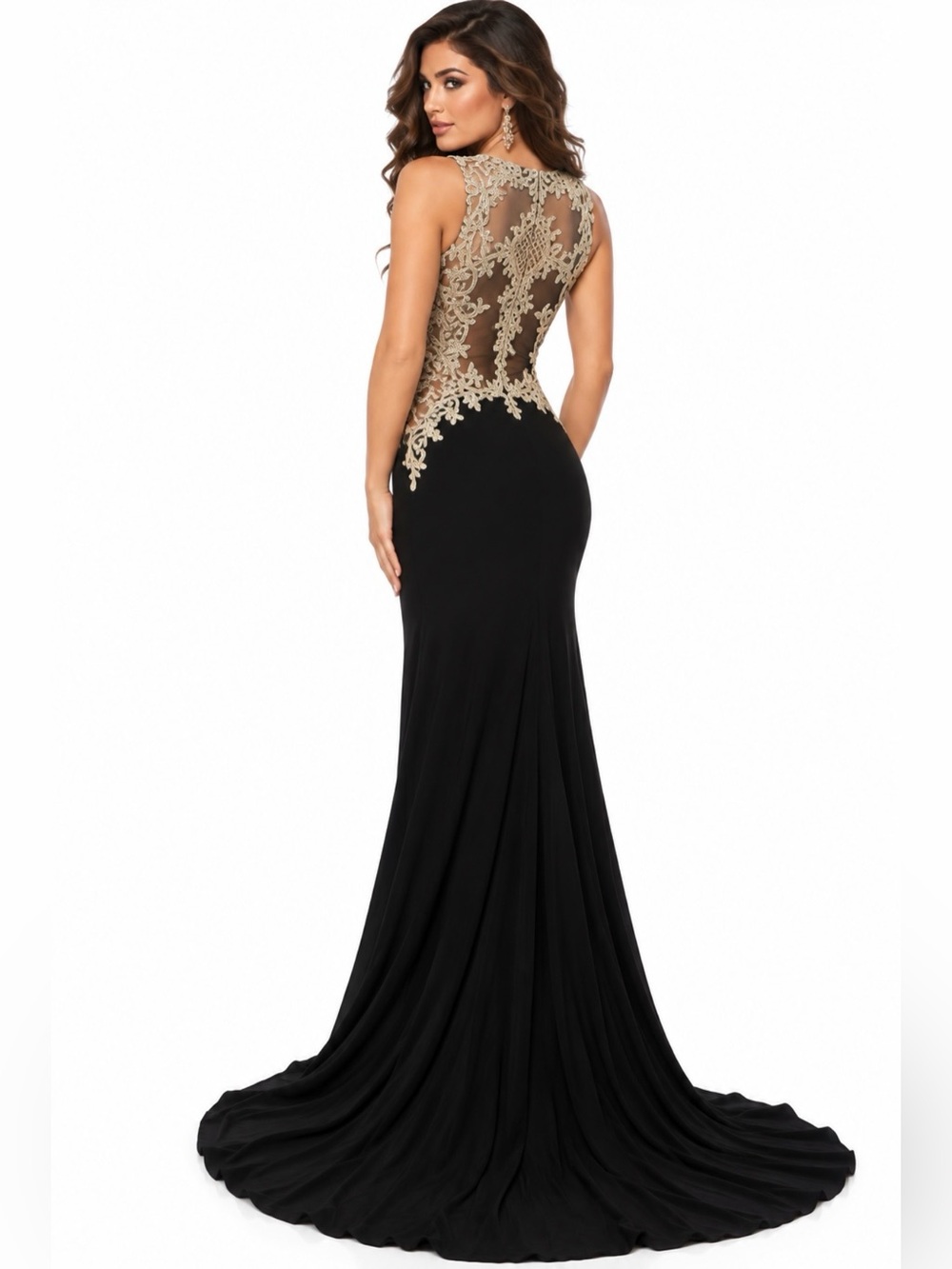 JVN by Jovani Black Gold Embroidered Lace Illusion Evening Gown Dress Size 2 NWT